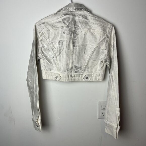 Zara Jacket Womens Small Silver White Cropped Metallic Coated Denim Snap Front - Picture 4 of 6